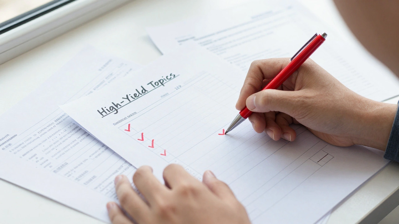 Hands marking high-yield topics on a syllabus with red ticks and past papers.