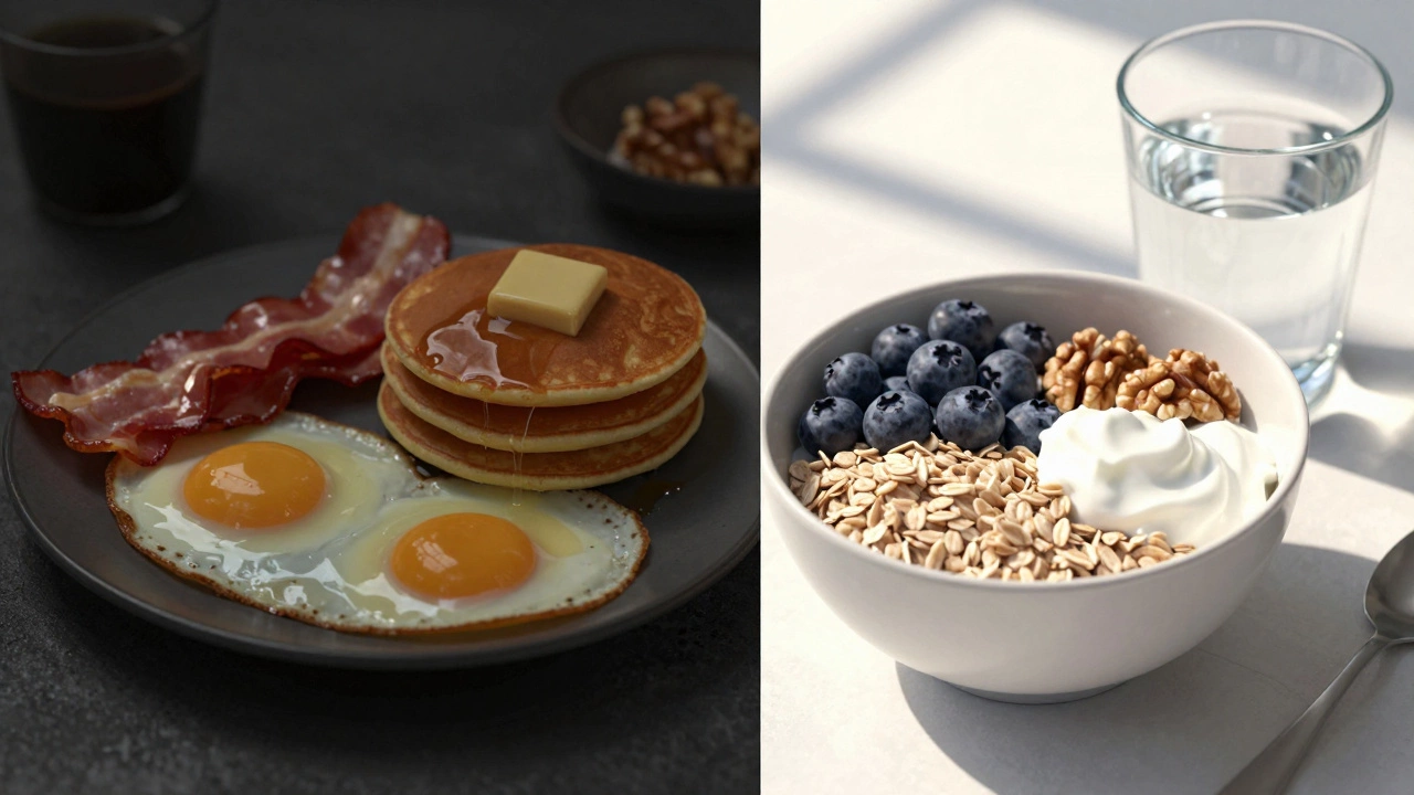 Split screen comparing a heavy greasy breakfast with a healthy oat and berry bowl