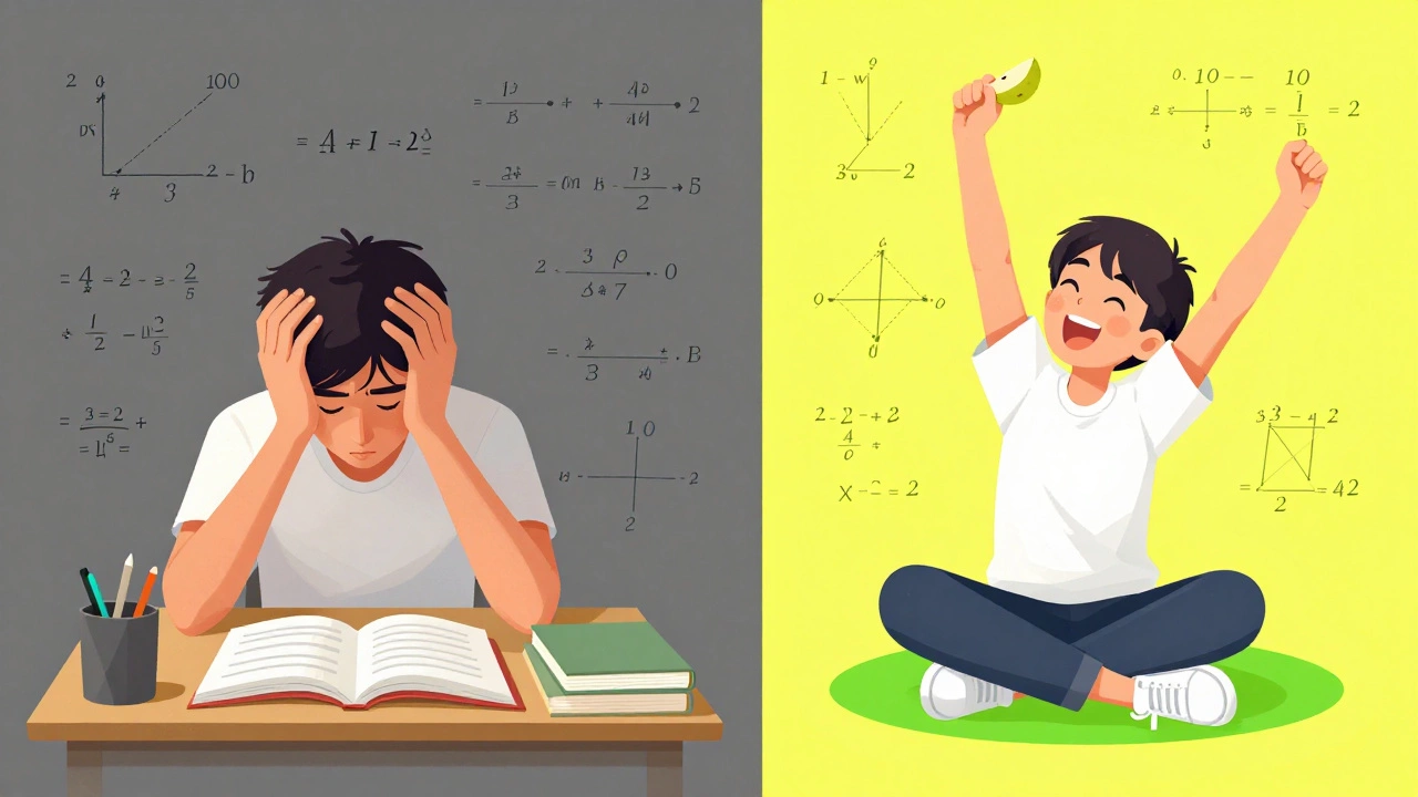 Split-screen comparison of a stressed student versus a student taking a refreshing break.