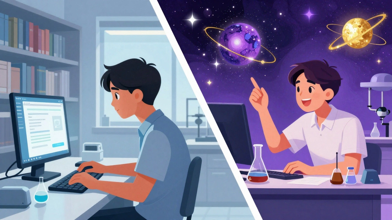 Split screen showing a student doing credit recovery and another studying astrophysics.