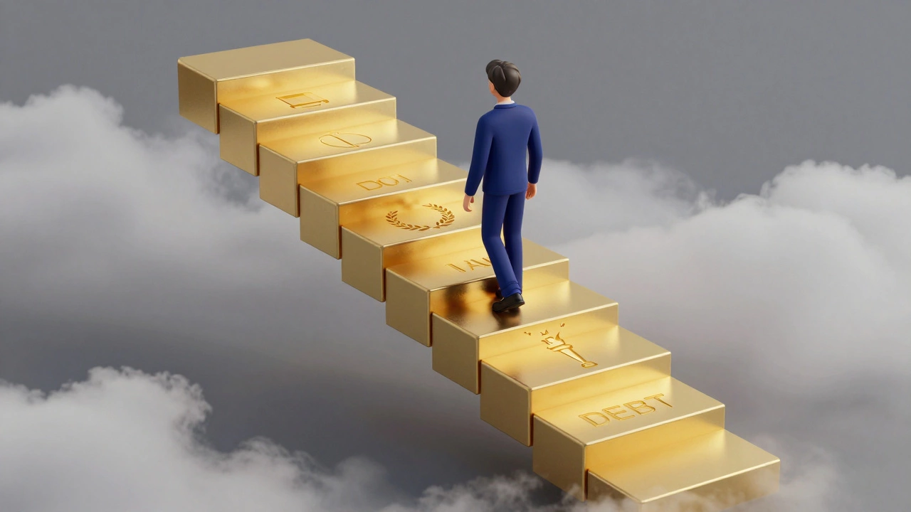 Student climbing a staircase of golden blocks symbolizing scholarship funding