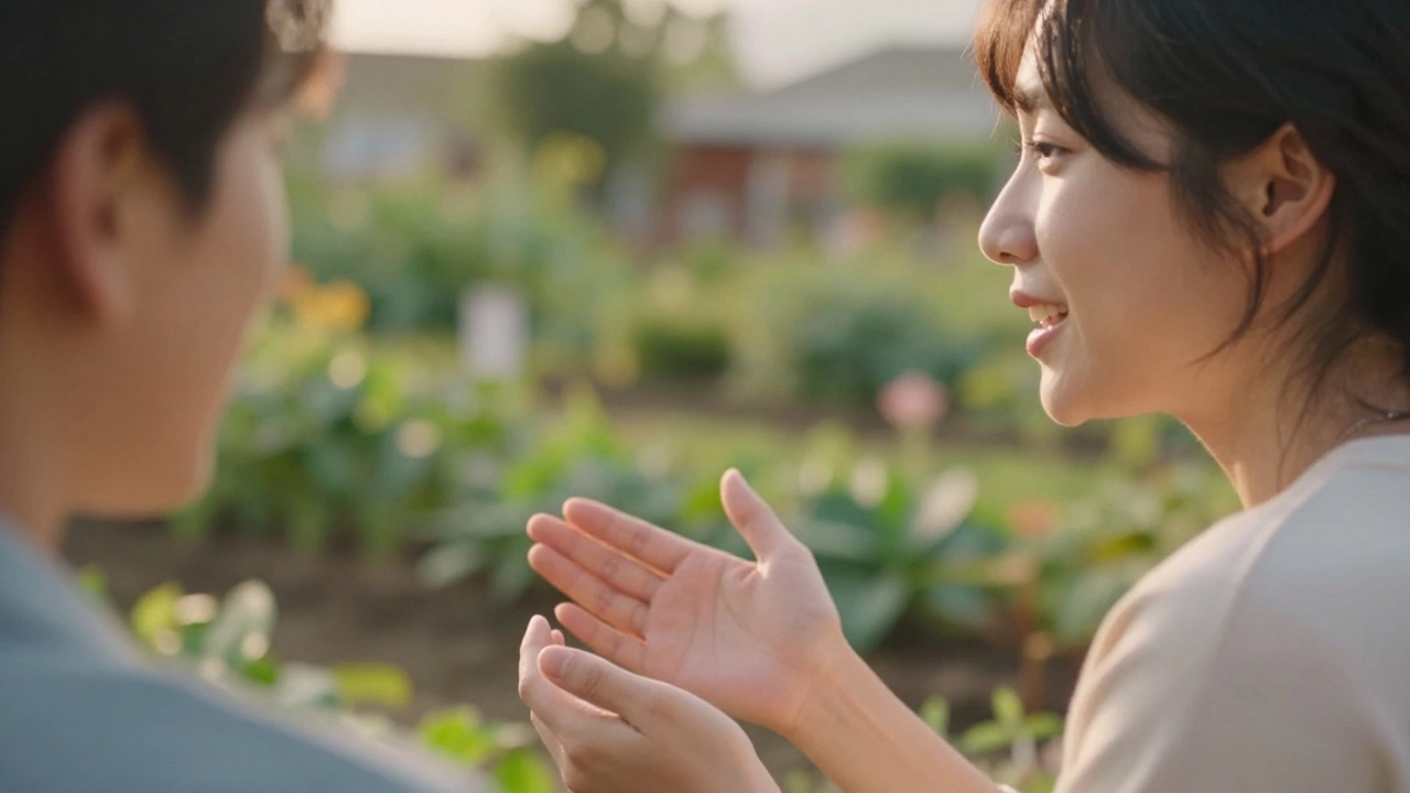 Two people having a respectful, personal conversation in a soft-lit garden.