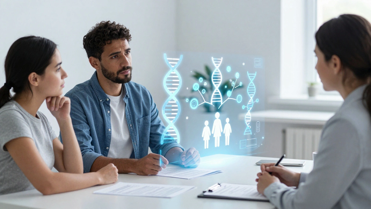 Couple consulting counselor with holographic DNA visuals