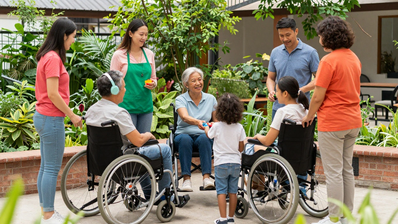 Diverse disabled parents socializing in community garden