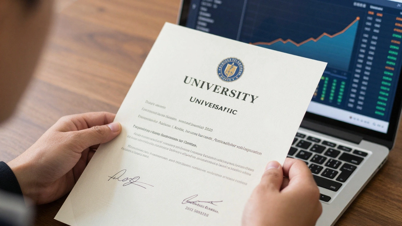Hands holding a transcript near a laptop for job application review