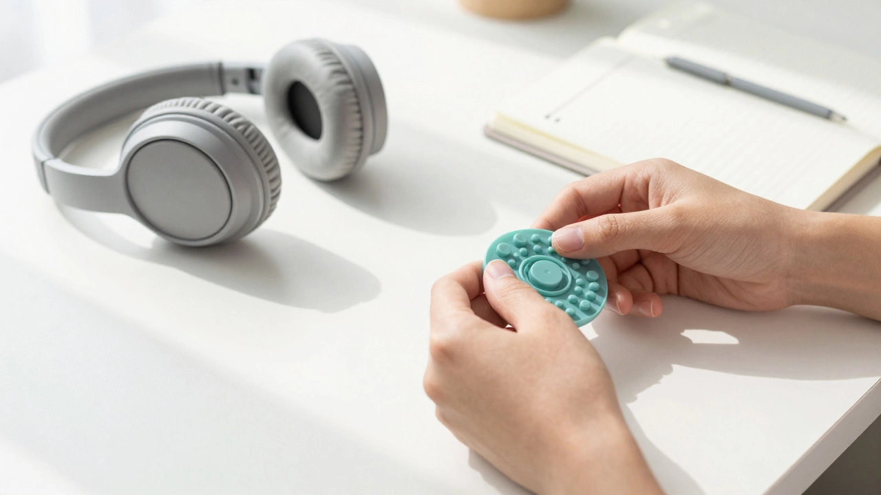 Hands using headphones and journal for sensory regulation and focus