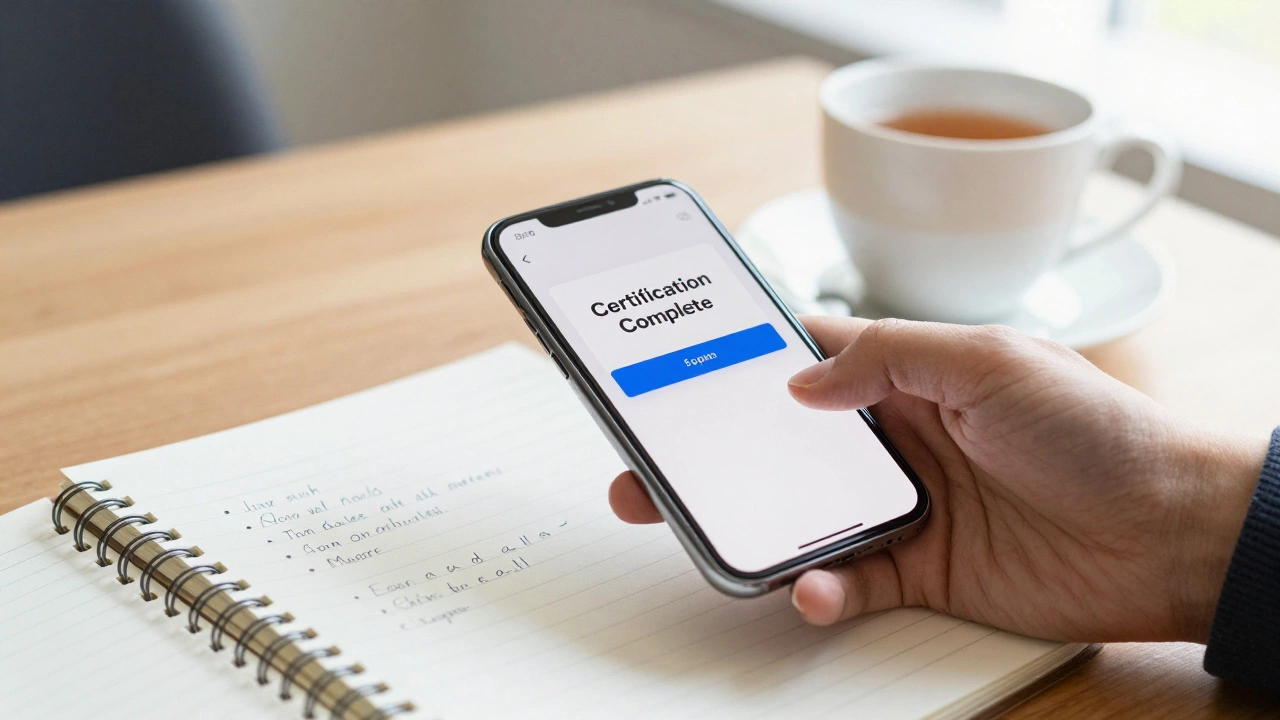 Home office desk with phone showing certification completion notification