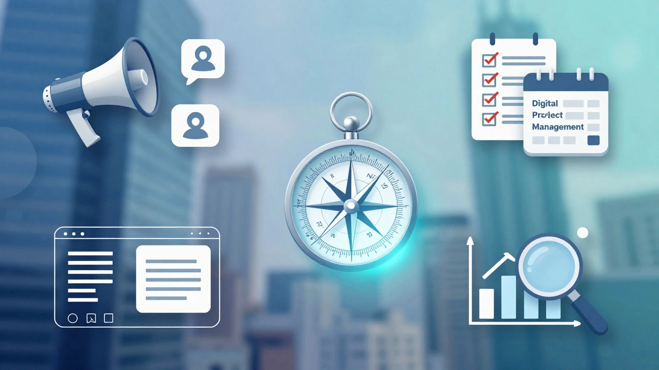Icons representing digital marketing, project management, UX design, and data analytics.