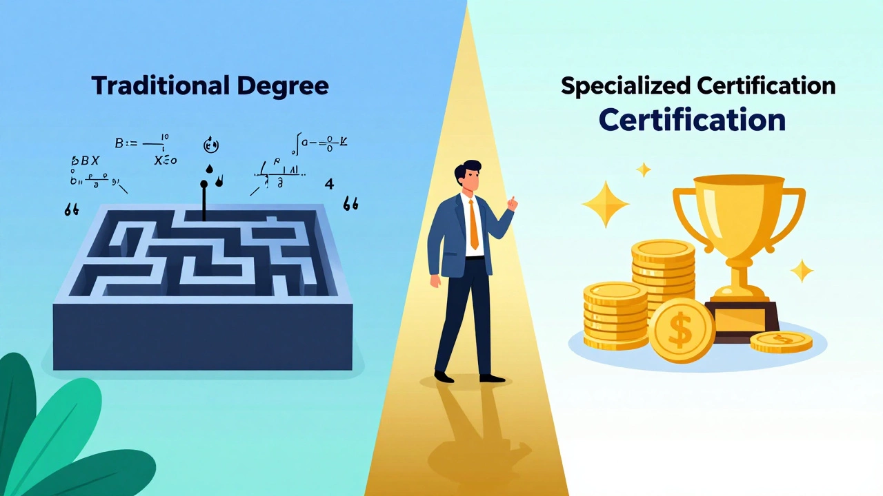 Illustration comparing a stressful traditional degree path to an easy certification route.