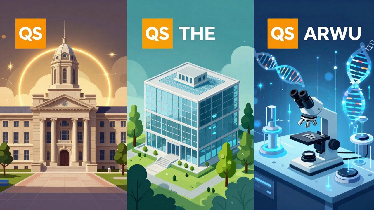 Illustration comparing QS, THE, and ARWU university ranking methods