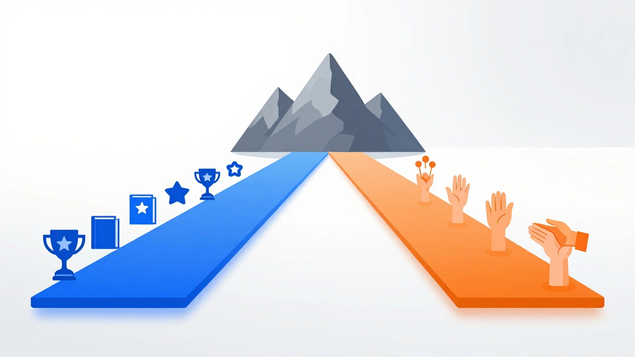 Illustration of two diverging paths representing merit-based and need-based scholarships