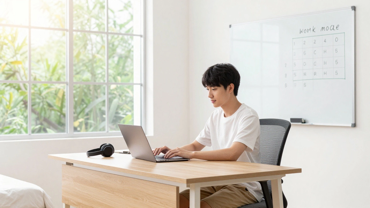 Organized home workspace with a student studying, showcasing discipline and focus tools.