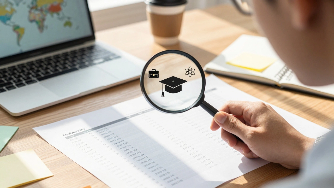 Student analyzing university metrics with a magnifying glass