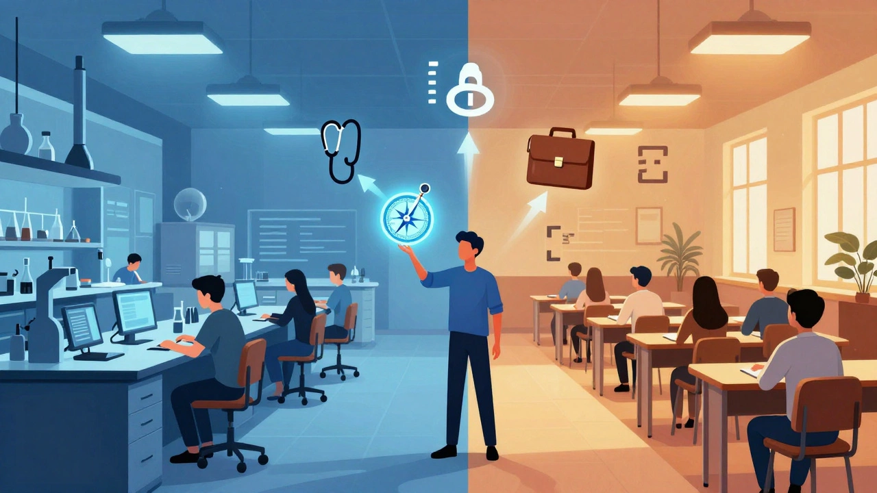 Student choosing between tech lab and small seminar room paths