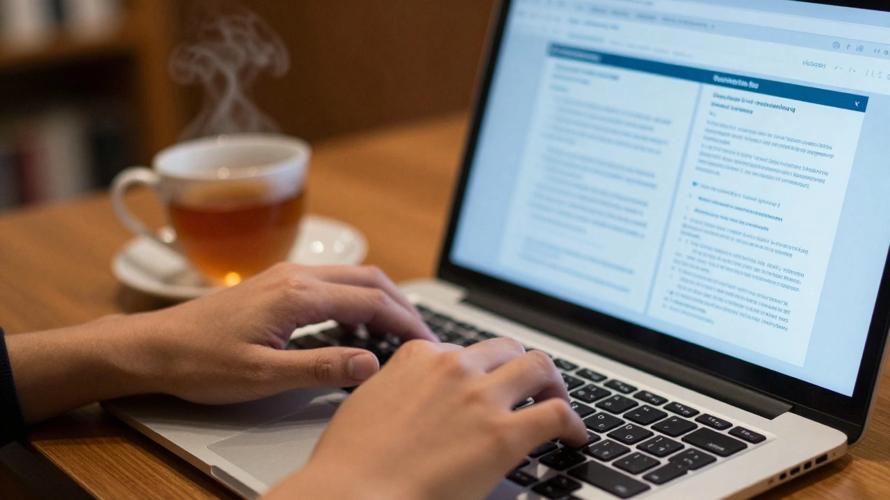 Student typing an essay in a library with a cup of tea, focused on applications