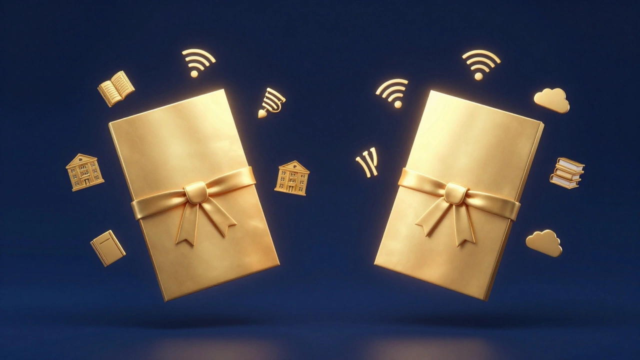Two identical golden diplomas symbolizing equal value of online degrees
