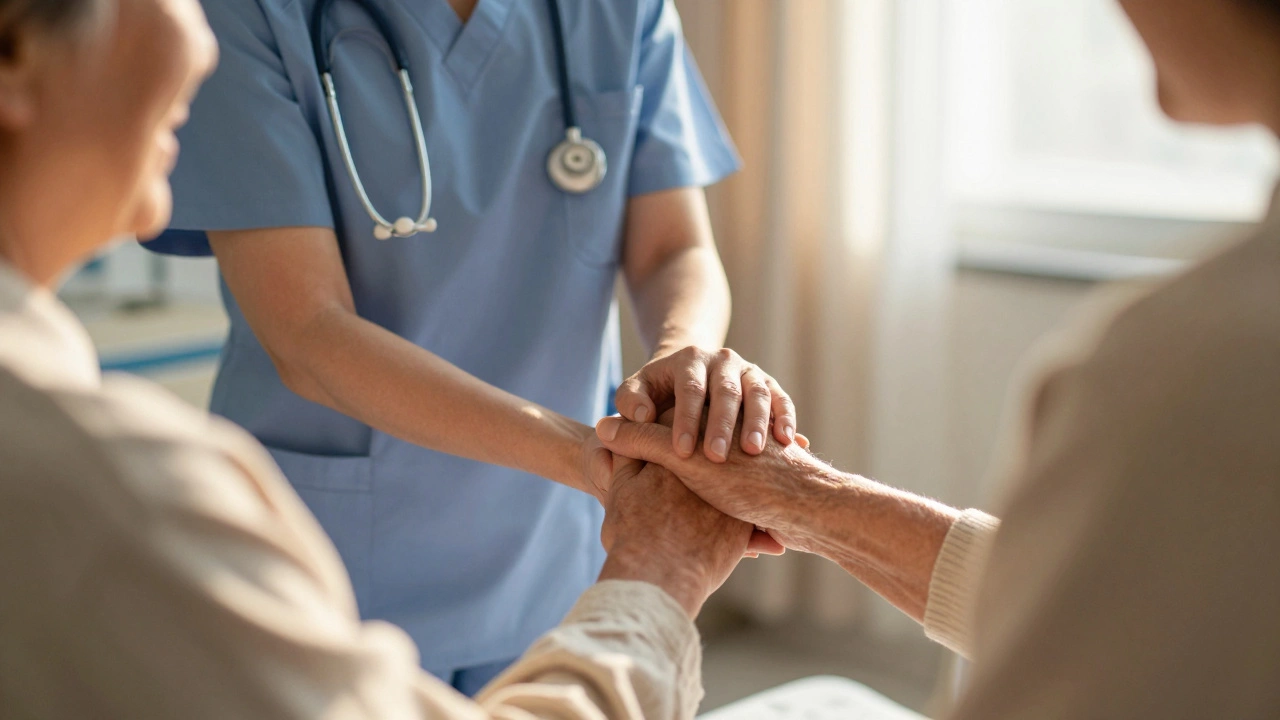 Compassionate healthcare worker holding patient's hand in warm room