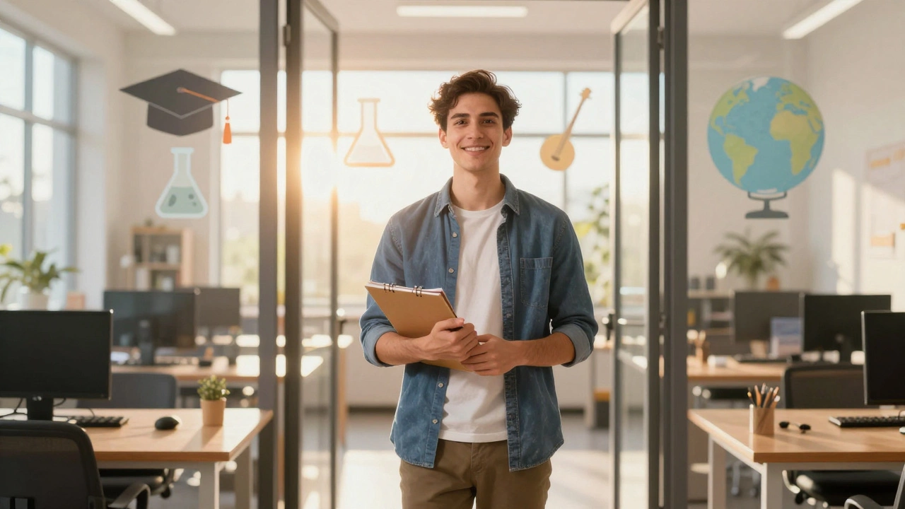 Confident young adult with portfolio symbolizing career success