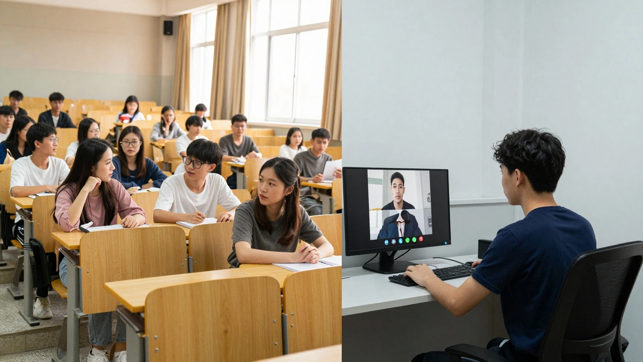 Contrast between lively classroom and isolated online learner