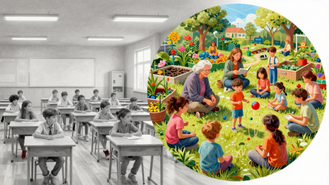 Contrast between rigid classroom rows and vibrant multi-age community play.