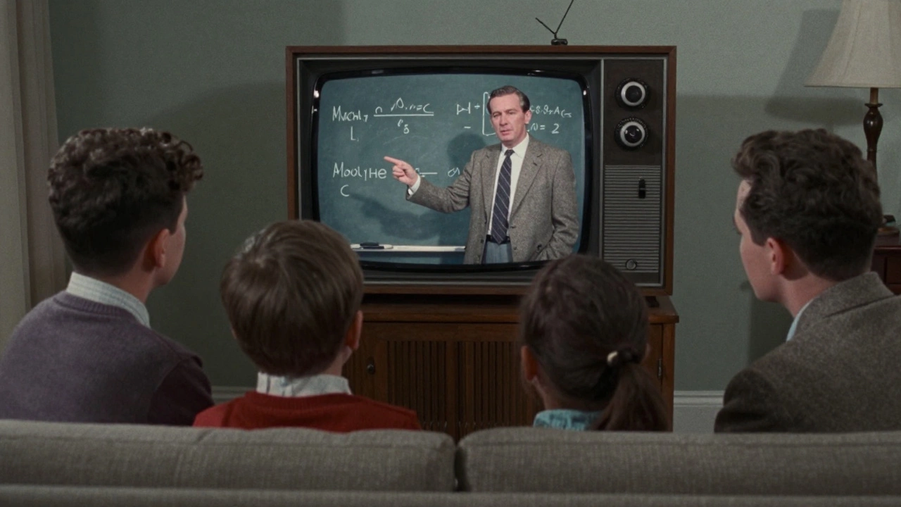 Family watching educational TV lecture in 1950s living room