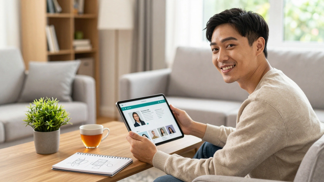 Happy learner using tablet for online course in a sunny, cozy living room