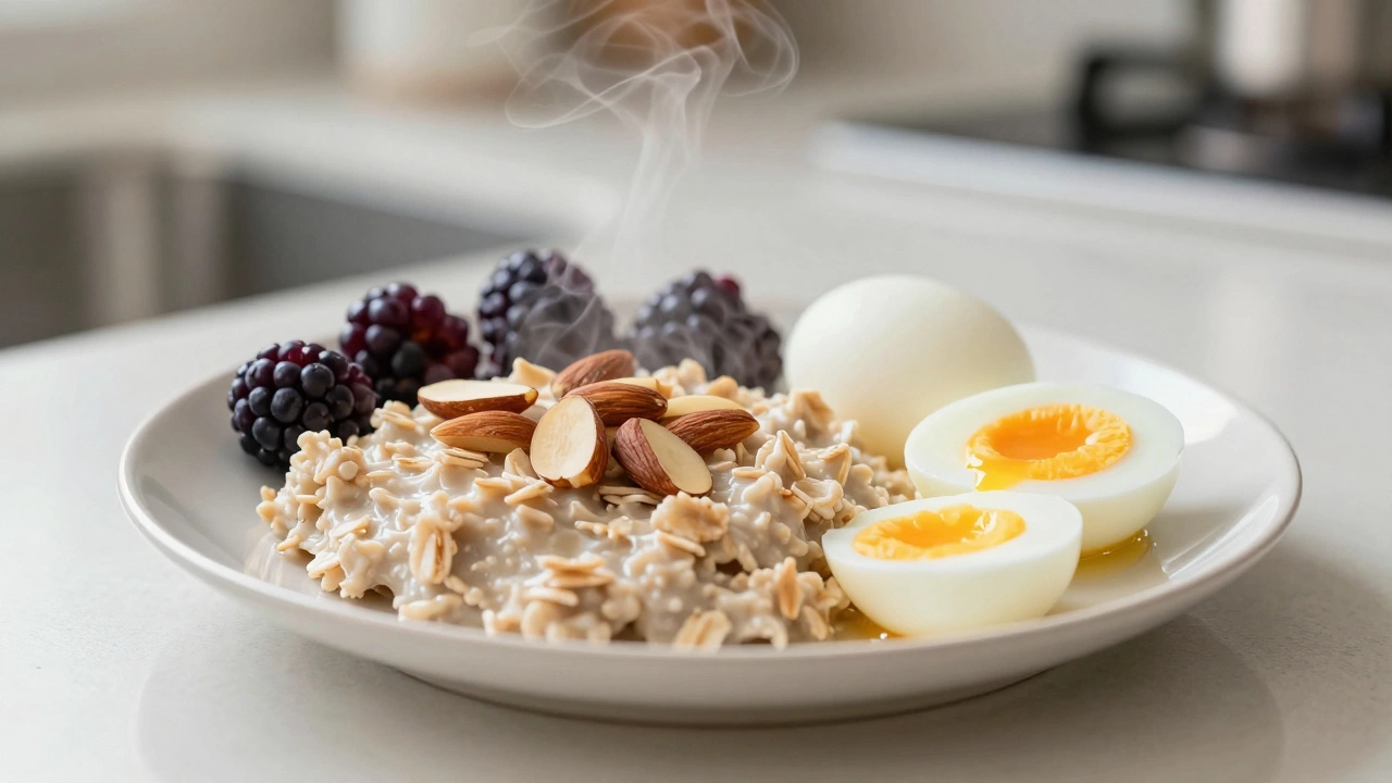 Healthy breakfast with oatmeal, nuts, and eggs for brain fuel