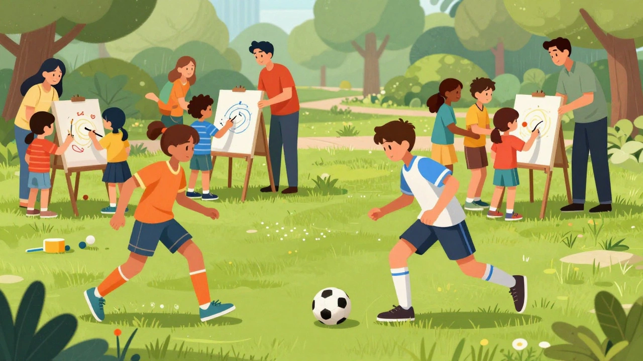 Homeschooled kids playing sports and arts in a community park