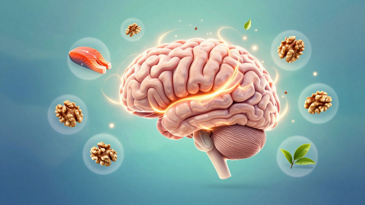 Illustration of brain energized by healthy foods like fish and nuts