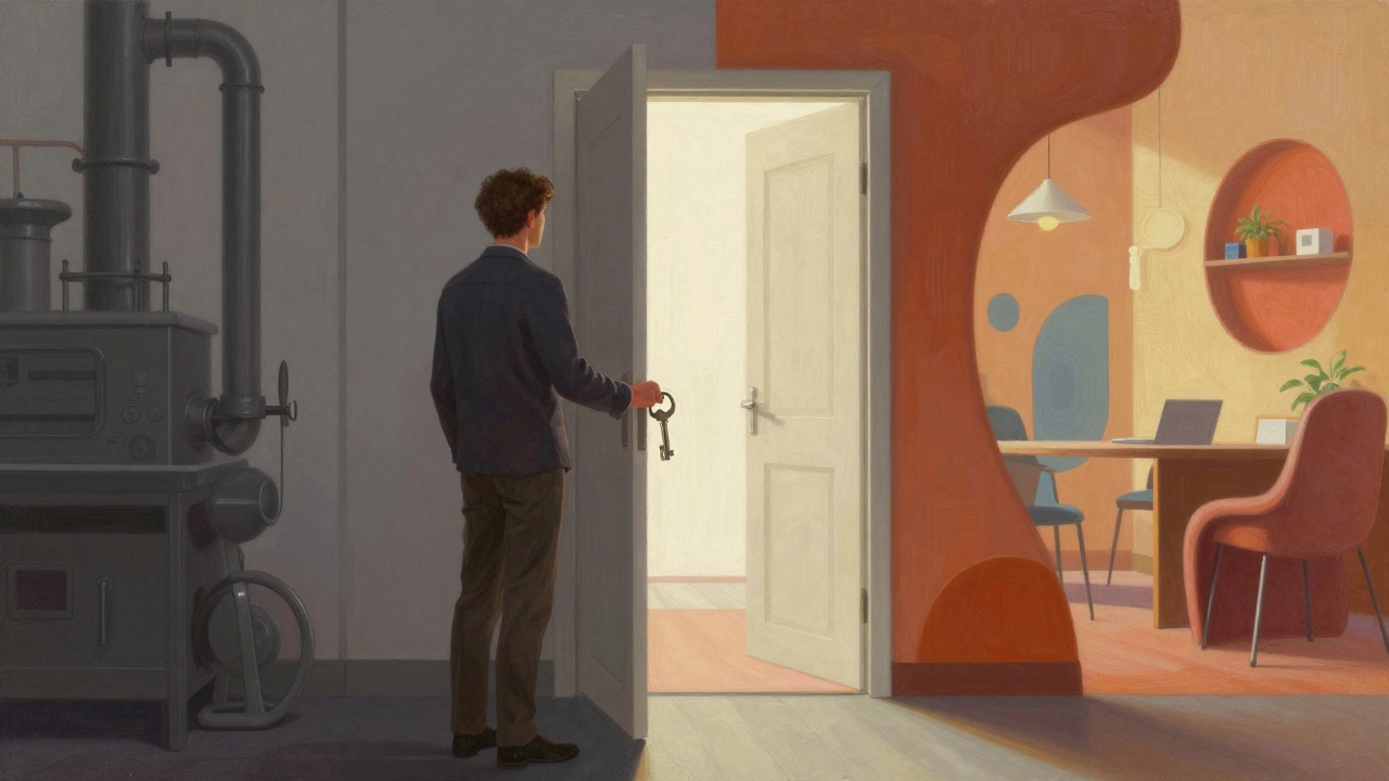 Person standing at a doorway transitioning from an industrial to a modern educational environment.