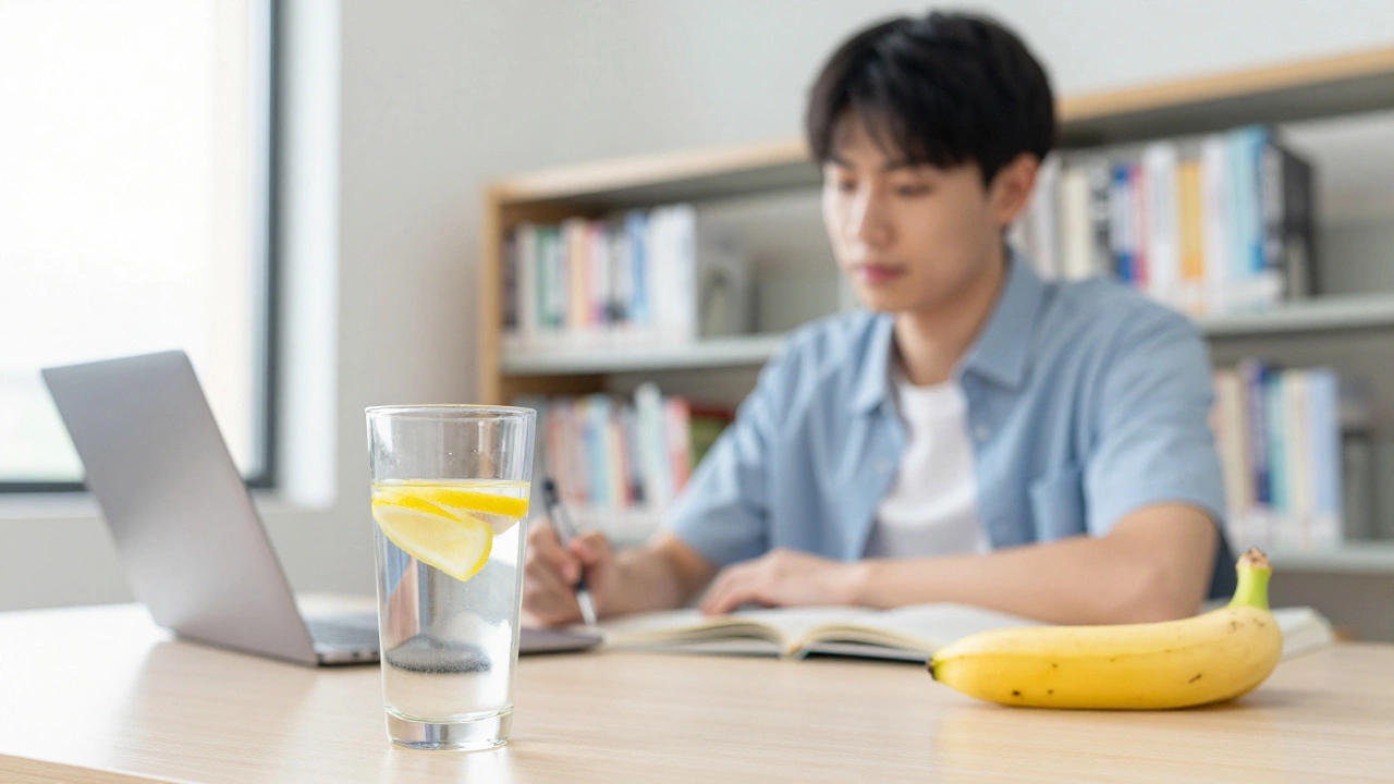 Student studying calmly with water and a banana nearby