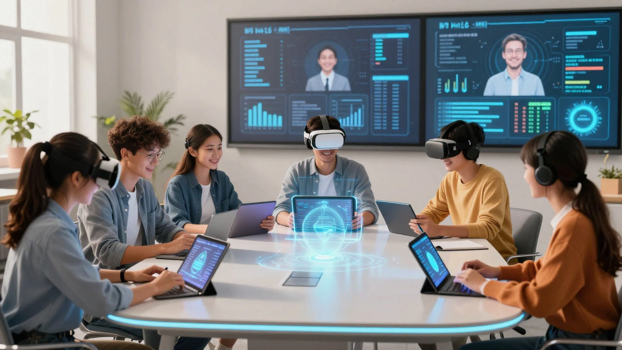 Students using VR and tech in a hybrid classroom