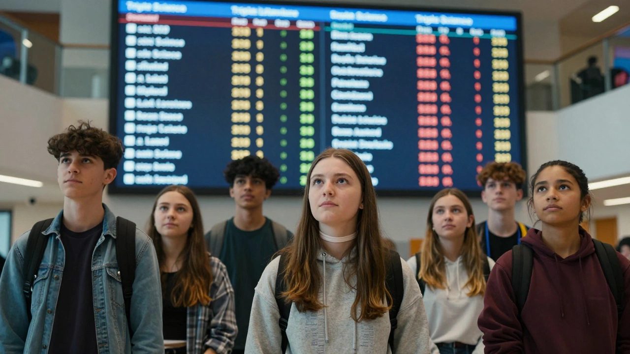 Teenagers contemplating subject choices before a digital display