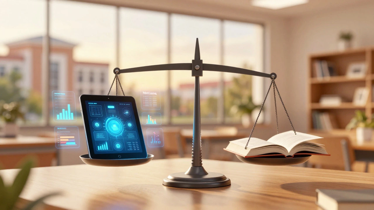 3D render of a balanced scale merging digital and physical education
