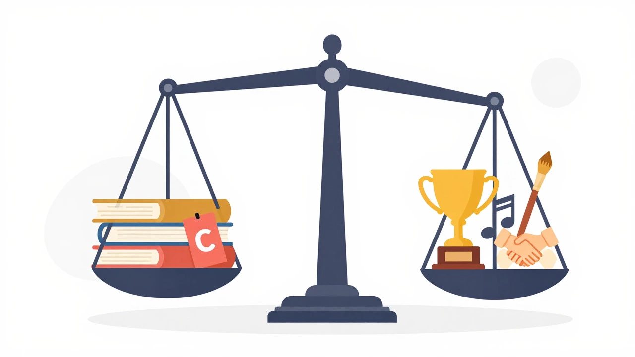 Balance scale weighing grades against extracurriculars