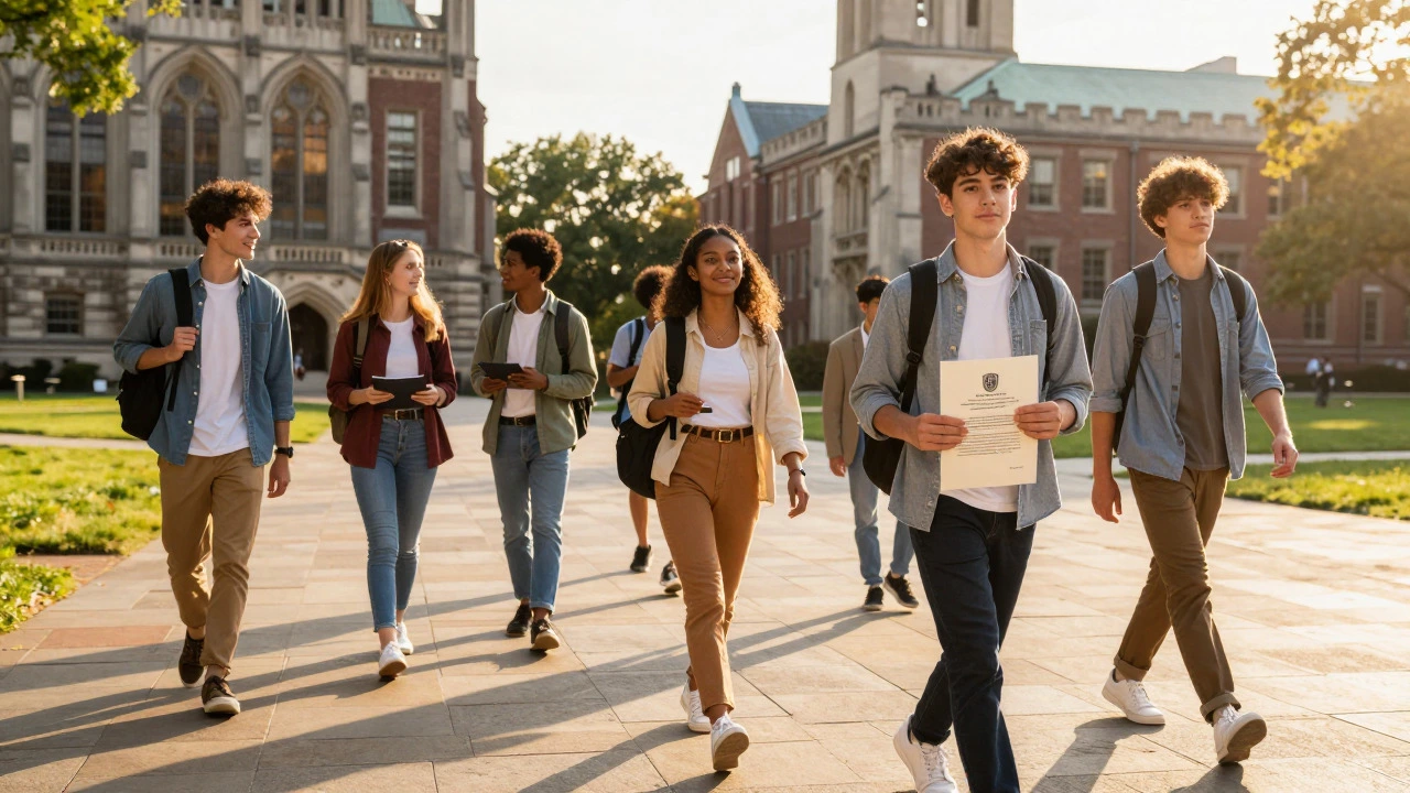 Diverse students on an Ivy League campus at sunset