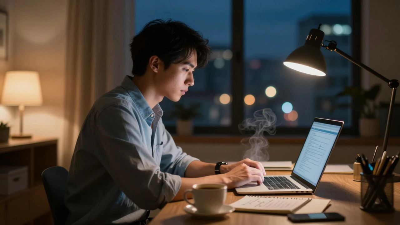 Focused adult learner studying late at night in a home office