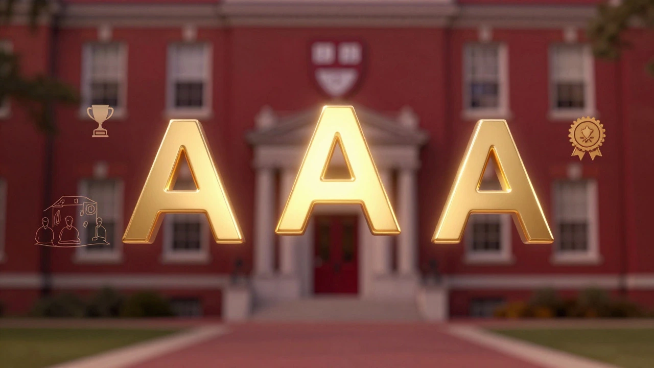 Golden AAA grades floating above Harvard Yard representing academic success