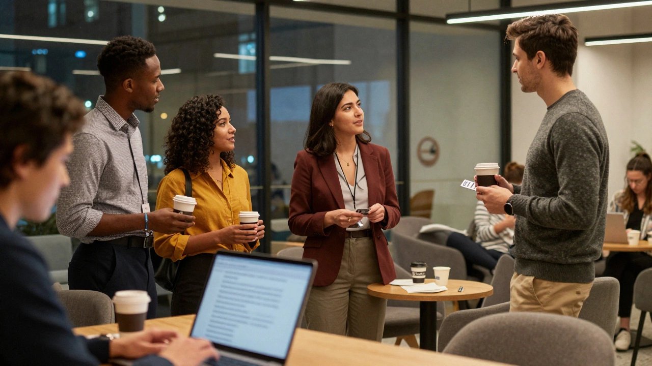 Graduate students networking in a modern office