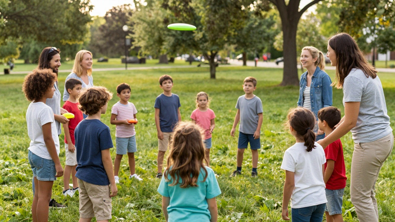 Homeschool families engaging in outdoor group activity in a park