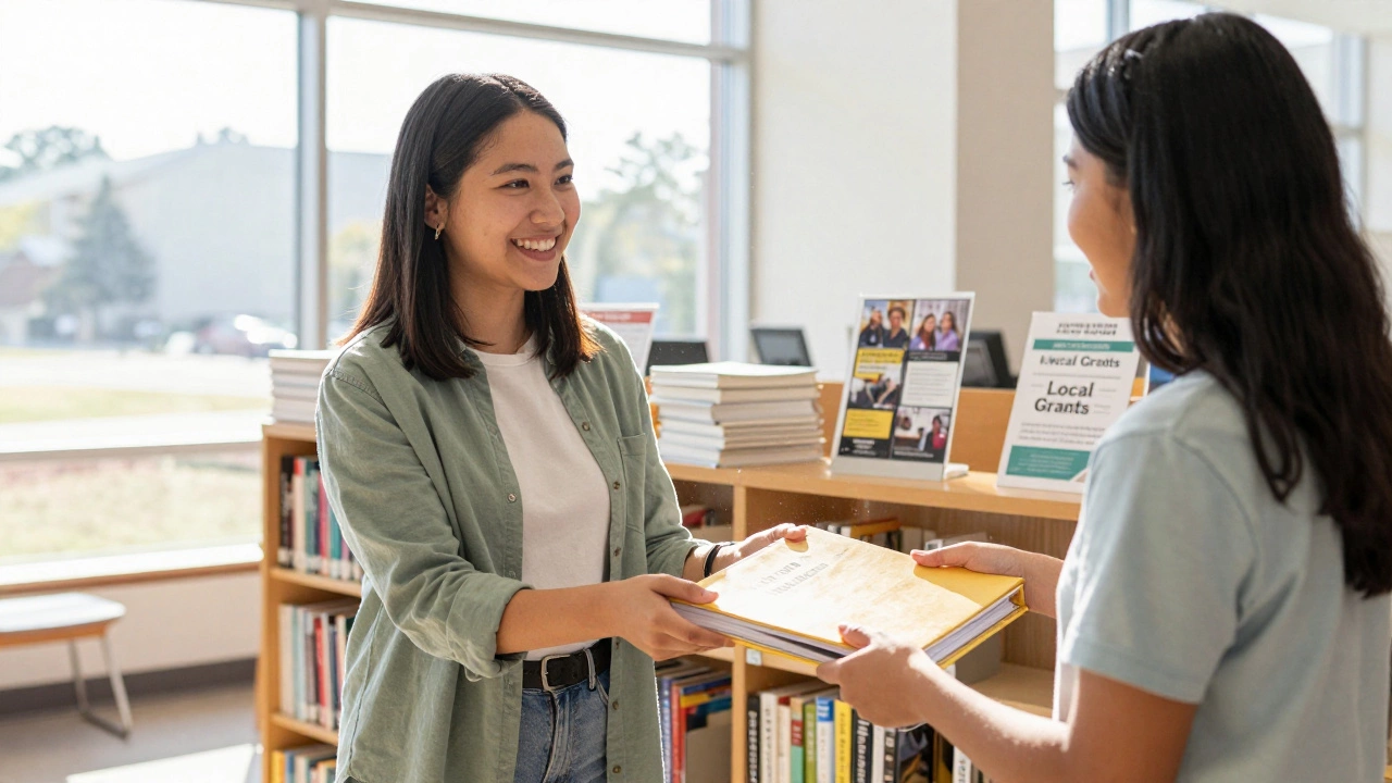 Librarian handing local grant binder to a student in library