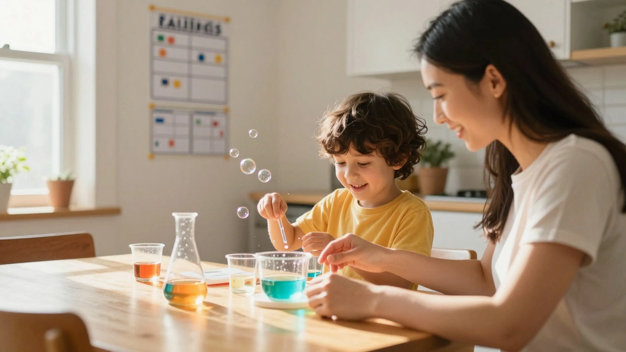 Parent and child doing hands-on science experiment in sunny home setting