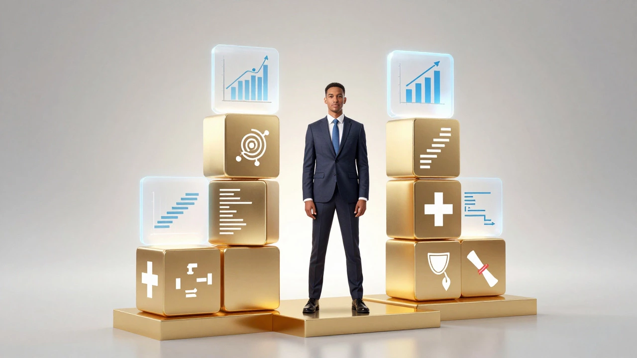Professional building a degree structure from glowing skill blocks