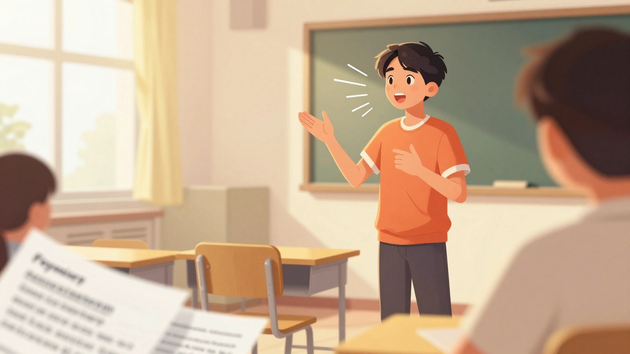 Student explaining a concept aloud while gesturing, representing active teaching