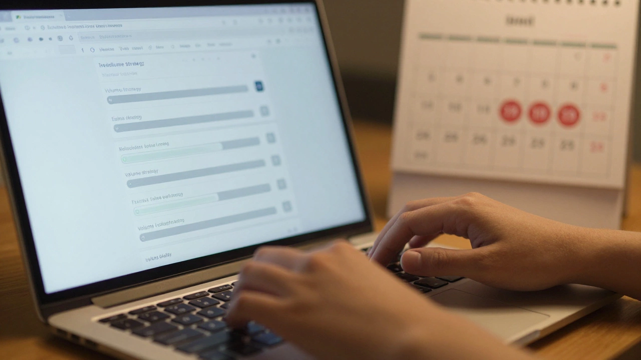 Student typing applications on laptop with calendar