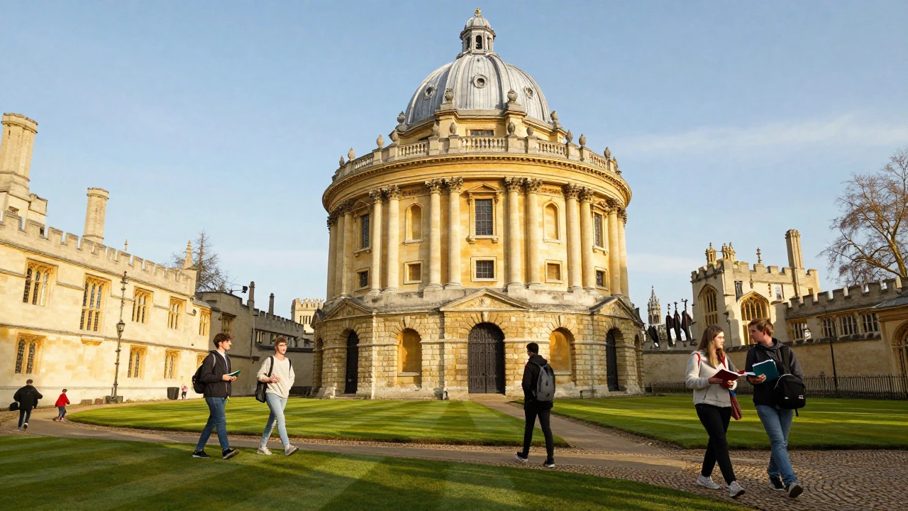 Students walking near Radcliffe Camera at Oxford University