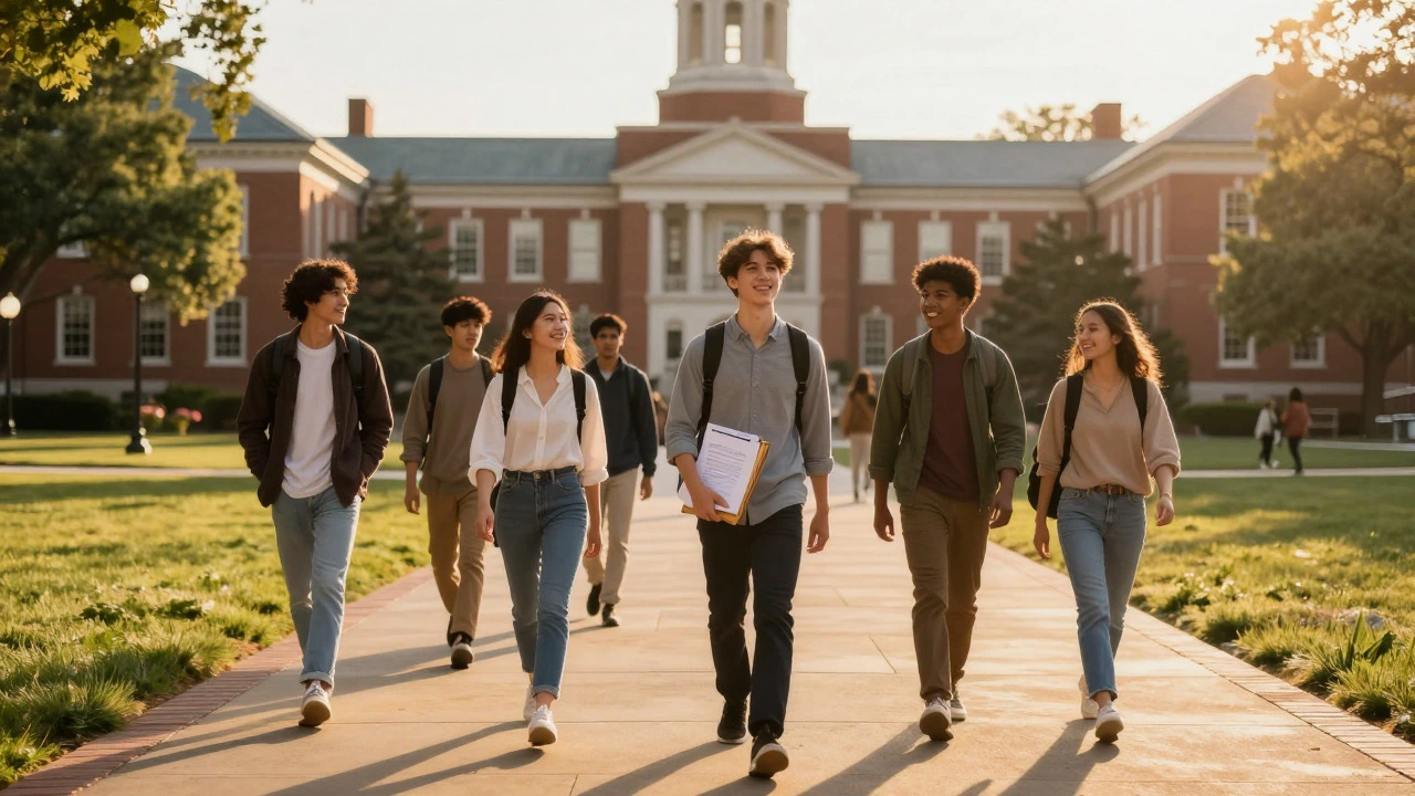 Students walking on a sunny American university campus quad