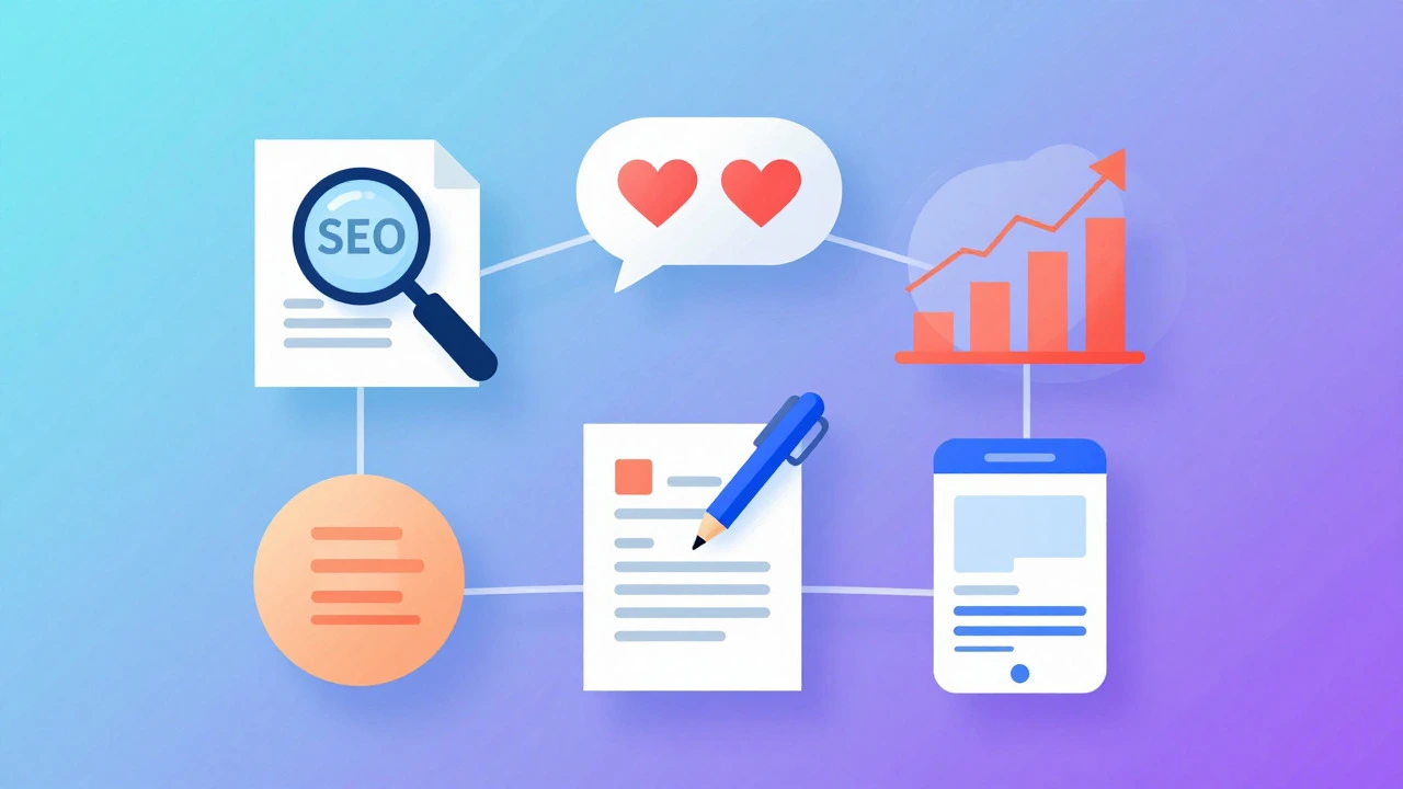 Abstract icons representing SEO, social media, data, copy, and UX