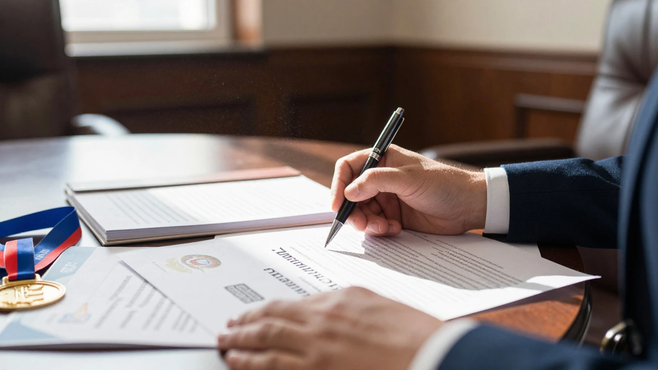 Admissions officer reviewing holistic student achievements on desk