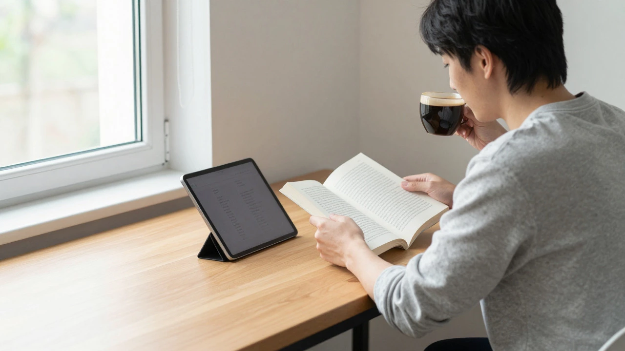 Adult studying peacefully in a sunny, distraction-free morning setting